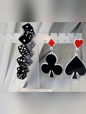 Black Club Suit & Red Diamond Acrylic Earrings W/ Dice Bracelet